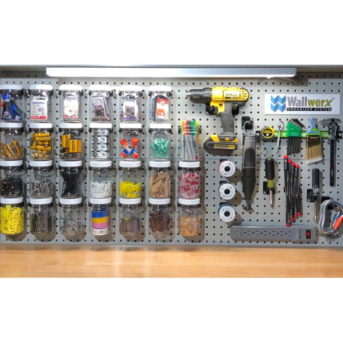 Wallwerx Pegboard Storage Container, 12 X 16oz Plastic Jars And Modular